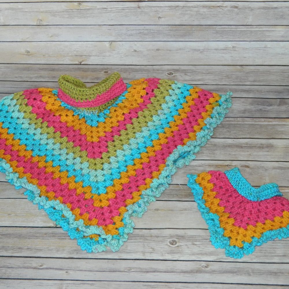 Hand Crochet Poncho & Matching Doll Poncho 3T - 4T